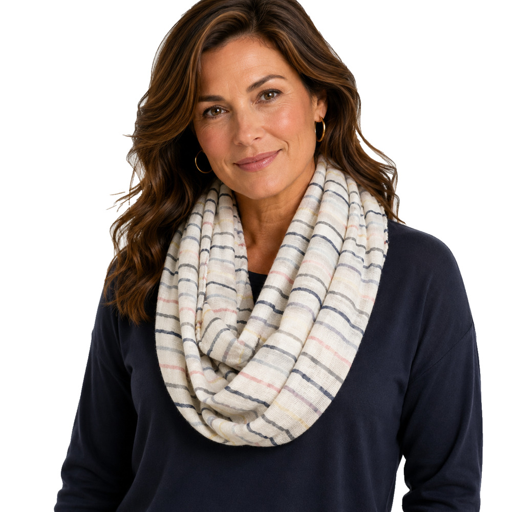 J Jill White Blue Pink Striped Wool & Rayon Blend Infinity Scarf 19x68"